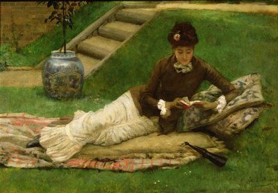 La novela, una dama en un jardín leyendo un libro de Frank Dicey